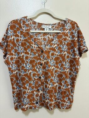Rachel Zoe Rust Floral Button-Front Women’s Linen Knit Top